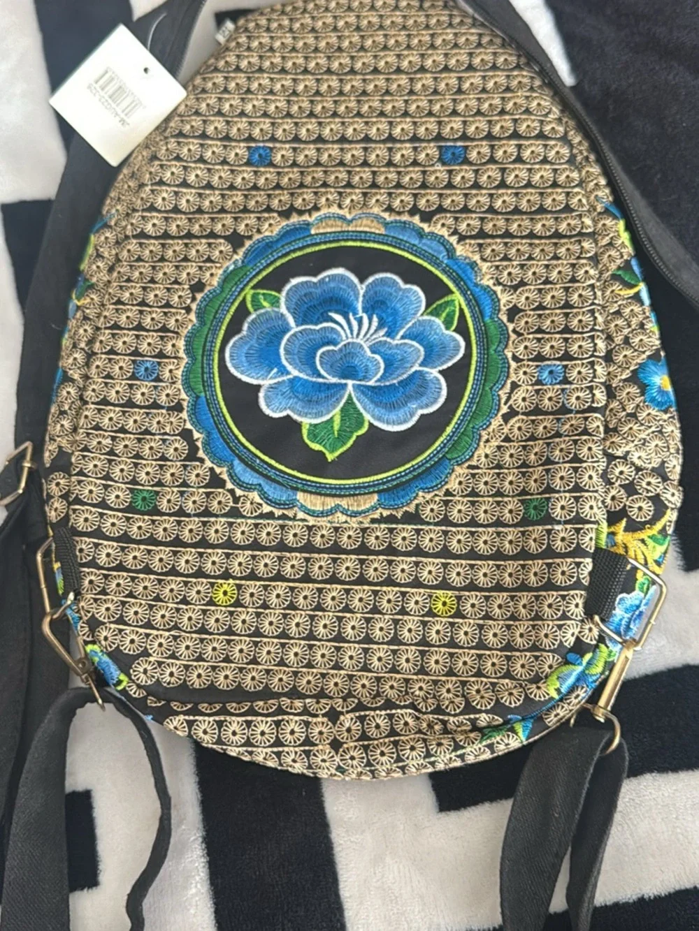 Panama Black Backpack with Blue & Green Floral Embroidery